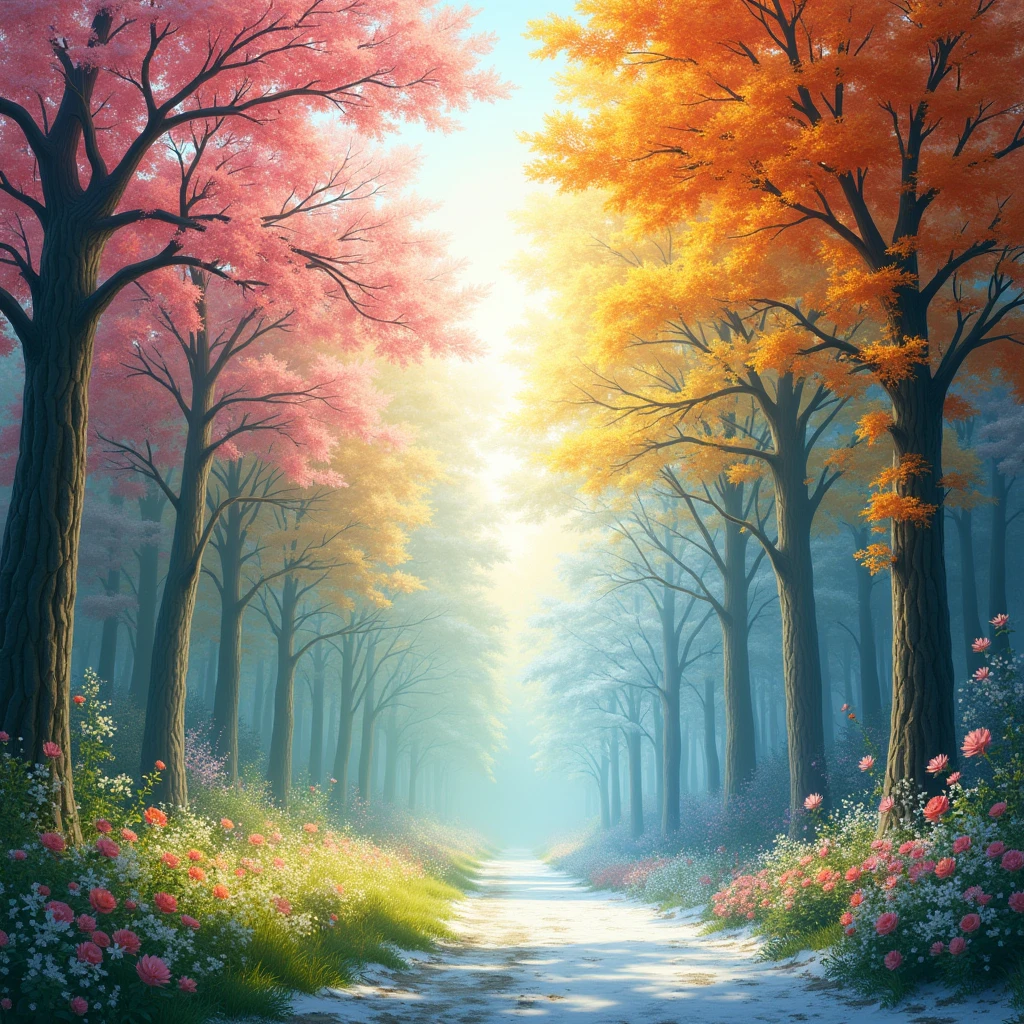 "Create a beautiful and harmonious setting where each part of the environment represents a different season of the year. The scene should be visually divided into four quadrants, each displaying the unique characteristics of spring, summer, autumn and winter. Spring must have flowers blooming, soft pastel tones and fresh greenery; o summer deve ser iluminado com cores vibrantes, bright sunlight and lush foliage; autumn should show warm tones, falling leaves and rich textures; winter should be characterized by cold tones, snow and leafless trees. The general atmosphere should be cohesive, but at the same time clearly highlight the essence of each season, blending them smoothly into a single stunning environment."