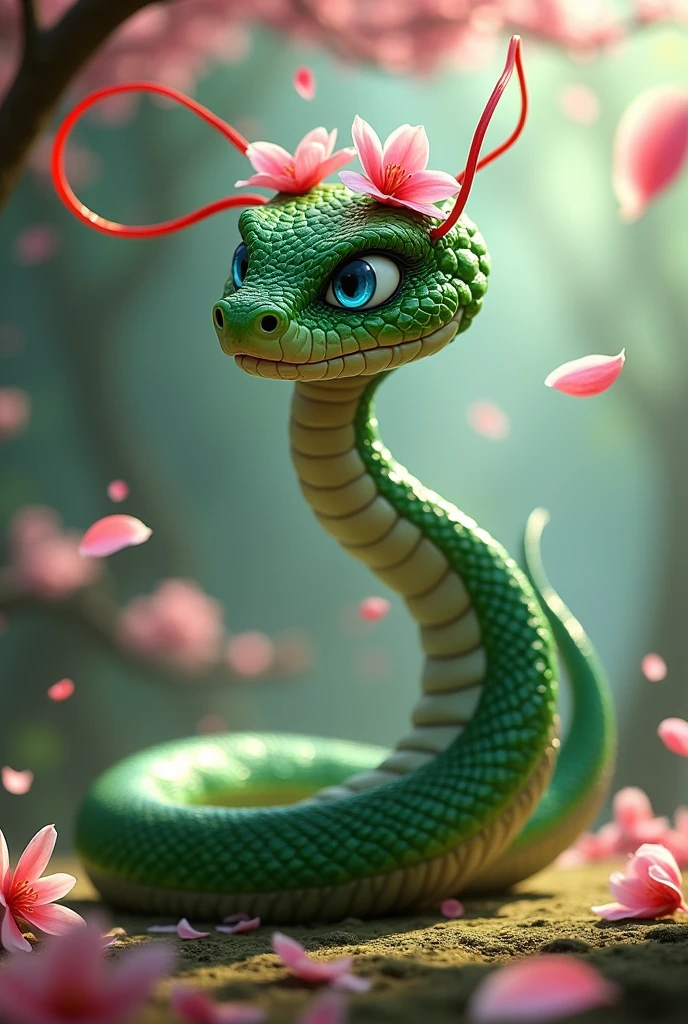 Kung fu Panda Master Viper a feral green snake with blue eyes and two blossom on her head using her dancing red ribbons as blossom petals fall from the tree