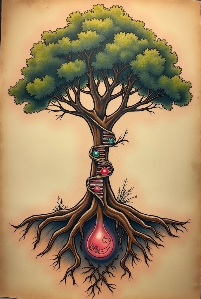 Detailed Tattoo Design Description:

- Roots: The roots of the tree should be represented as a double helix of DNA. At the ends of these roots, each tip should have the shape of sperm cells, symbolizing the sperm's journey to fertilization.
  
- Trunk:
  - At the base of the trunk, there should be an egg in metaphase 2.
  - Just above it, depict the fertilized egg.
  - Further up the trunk, represent embryonic cleavage on Day 2, showing 4 cells.
  - Above that, depict cleavage on Day 3 with 8 cells.
  - Further up, represent a Morula.
  - At the top of the trunk, there should be a Blastocyst.

- Foliage: The leaves of the tree should represent a placenta, with a developing baby inside, symbolizing the growth of life.

- Overall Style: The tattoo should have a biological and naturalistic style, with details that show the process of life development from conception to the fetal stage, all integrated into the tree’s structure.