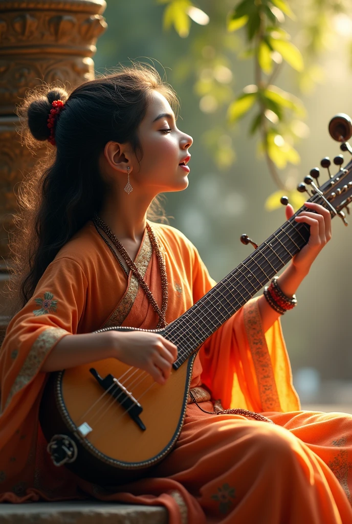 Girl singing bhajan in front of lord krishna on the joola by playing veenainstrument very closely with devotion.. Meanwhile krishna in tears