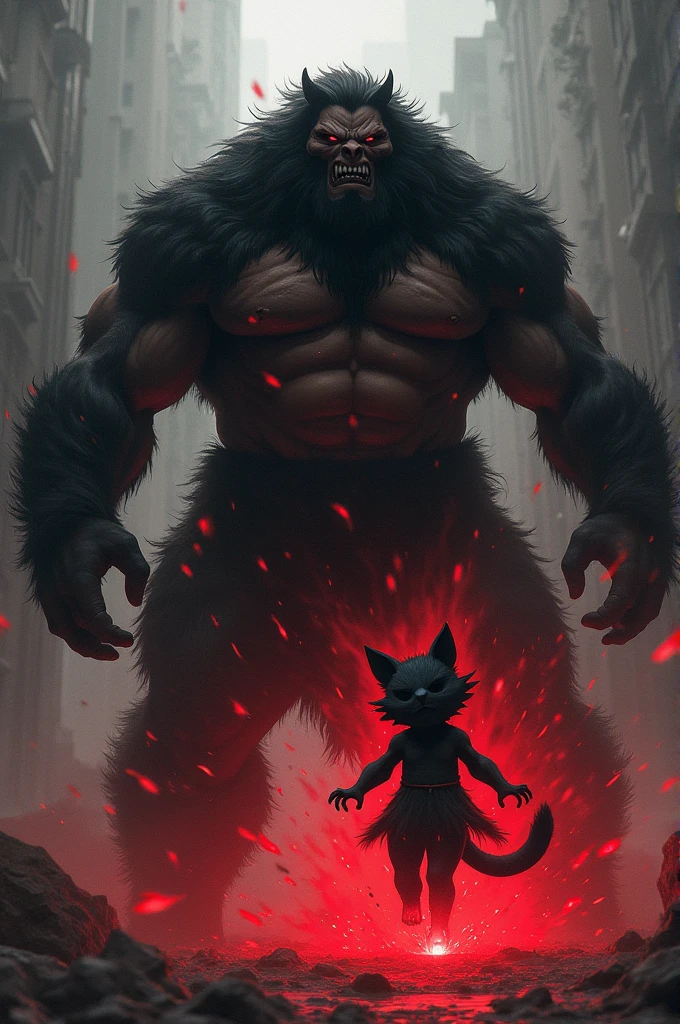 Gigachad hit the furry girl using a black flash, the impact of the black flash made a hole in the furry girl's stomach, bleeding, the black flash effect was black and red around her, the dominant black was slightly red