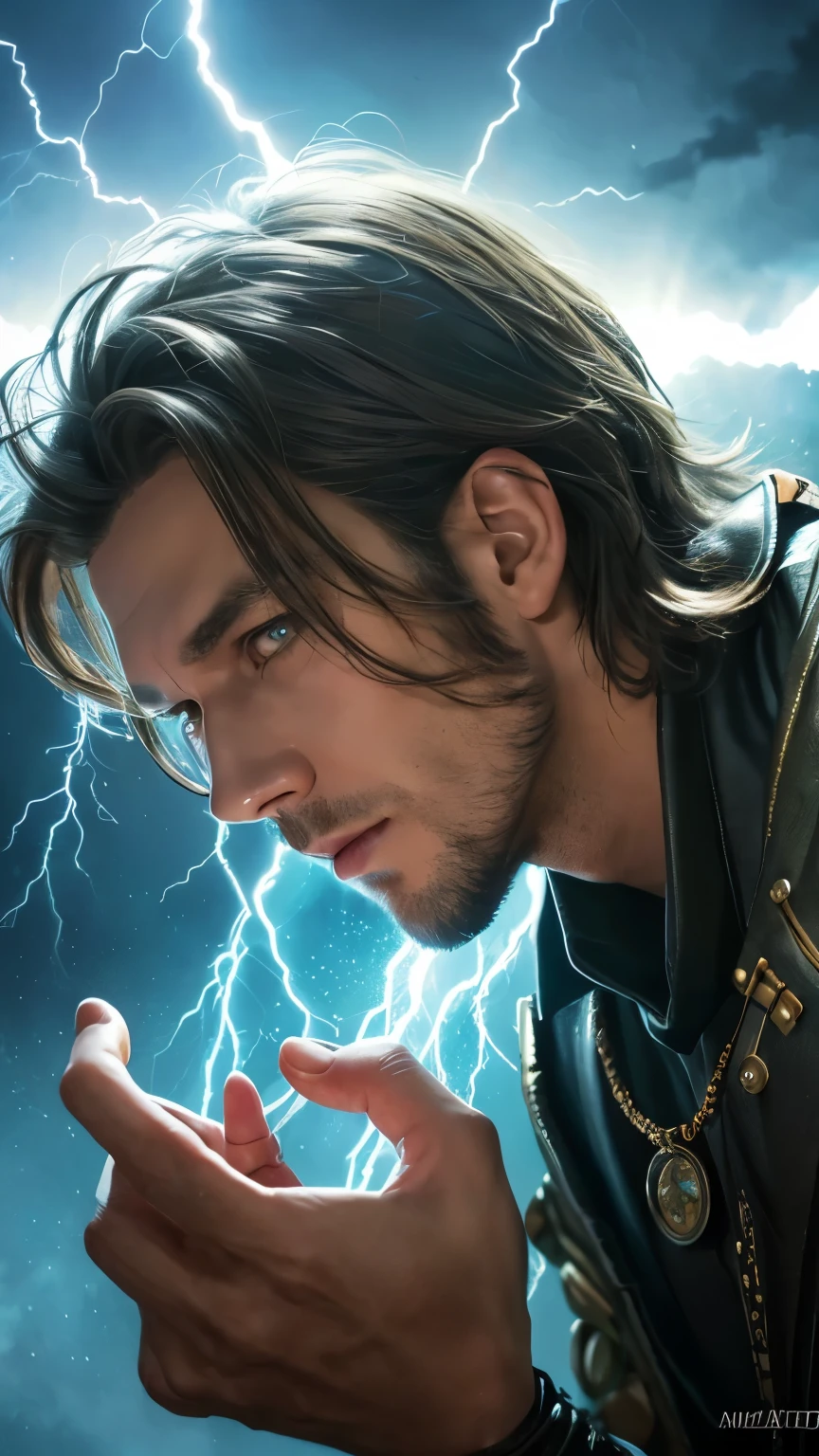 Handsome close up portrait (sksman),Post-apocalyptic Winged Lightning Mage, complicated, elegant, Very detailed, Digital Painting, artステーション, コンセプトart, Smooth, Sharp focus, shape, art:Krentz-Kuscher、Artem Demla、Alphonse Mucha, ((Thunder in the hand))、Long Hair