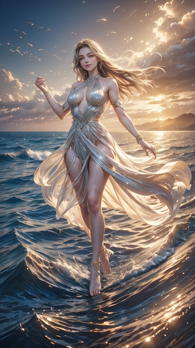 (best quality,4k,8k,highres,masterpiece:1.2),ultra-detailed,(realistic,photorealistic,photo-realistic:1.1),portraits,colorful,soft lighting,dreamy,flowing dress, smiling, incredibly slim body, very long legs, beautiful and well-defined facial features, (a girl Dancing on the Sea Surface), Dancing, full body, water reflections,emotion,graceful movement,endless horizon, serene atmosphere,gentle waves,blissful expression,wind-blown hair,seamless integration of elements,smooth and flawless skin,sparkling eyes,fantastical setting,aesthetic elegance,poetic symmetry, By the beach