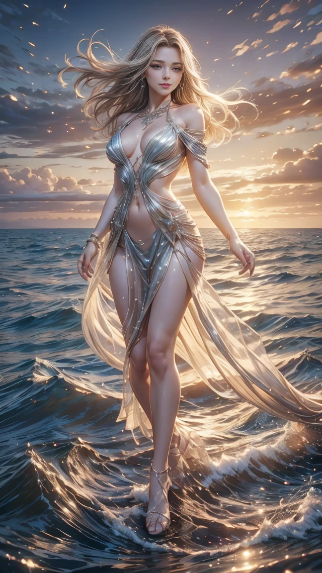 (best quality,4k,8k,highres,masterpiece:1.2),ultra-detailed,(realistic,photorealistic,photo-realistic:1.1),portraits,colorful,soft lighting,dreamy,flowing dress, smiling, incredibly slim body, very long legs, beautiful and well-defined facial features, (a girl Dancing on the Sea Surface), Dancing, full body, water reflections,emotion,graceful movement,endless horizon, serene atmosphere,gentle waves,blissful expression,wind-blown hair,seamless integration of elements,smooth and flawless skin,sparkling eyes,fantastical setting,aesthetic elegance,poetic symmetry, By the beach