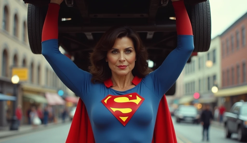 (((very beautiful old Supergirl (((1980s costume))) Julie Hagerty(((dark-haired, large-breasted woman in her 50s)))) Super woman Julie Hagerty; confident, powerful, indestructible, attractive; big and firm chest; strong breasts; arms crossed, levanta facilmente um a a truck on the road sobre sua cabeça; arms of a strong woman. HD. Photograph, ((realism)), extremely high quality RAW photograph, ultra detailed photograph, sharp focus, high resolution, (detailed skin:1,3),high quality, film grain, Fujifilm XT3,Highly Detailed, movie, (Cinematic Photo:1.3) of (Realistic:1.3)
