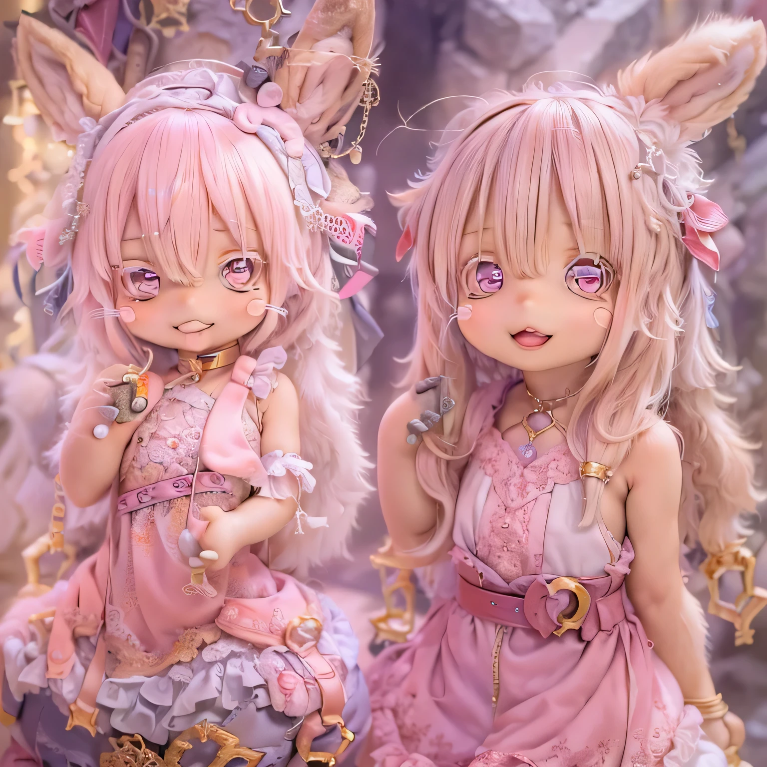 in the garden, smile, Similar to Nanachi from Made in Abyss. She is beautiful, Beautiful eyes and lips.  (((Chibi Style,))) . Image quality is excellent, Highly detailed and realistic features. The medium of this work is、Combining illustration and photorealistic rendering.. The colors are vivid、The lighting creates a warm and bright atmosphere。 whole body(((((Cute pink dress)))))Contrasting cute poses