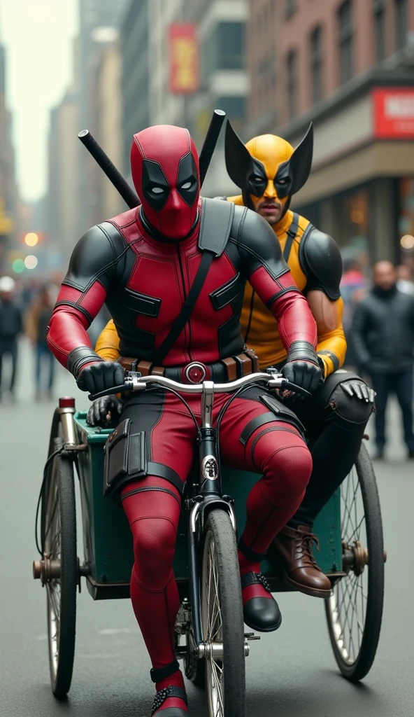 Deadpool, with a mischievous grin, pedals the rickshaw from behind, while Wolverine sits up front, his gaze sharp and claws at the ready. The ride feels surreal as Deadpool cracks jokes non-stop, treating it like a comedic adventure, while Wolverine, though outwardly calm, shows a hint of frustration amidst the chaos. The contrast between Deadpool’s endless humor and Wolverine’s stoic demeanor creates a bizarre yet heartwarming moment, where beneath all the craziness, a strong, unspoken bond of friendship is clearly felt.