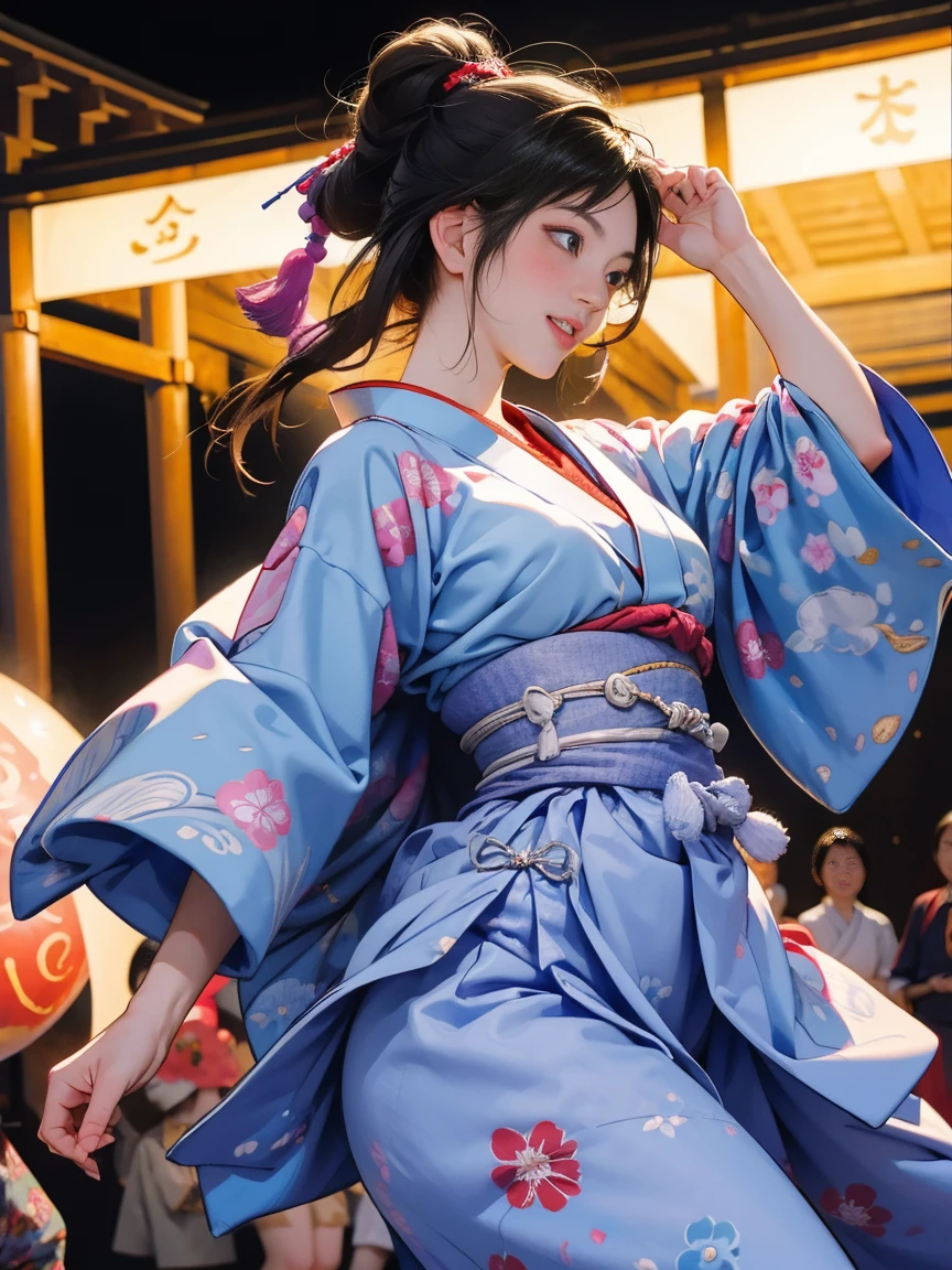 (Japan Bon Odori,最高masterpiece,Highest quality), Hot August,In the park square,They dance in a circle around a stage decorated with lanterns.,Bright vibrant anime art,People of all ages and genders dance and dance, Dancing in yukata,Laughing and dancing, Showing white teeth,Men and women dance in a circle, masterpiece,Highest quality,High resolution,