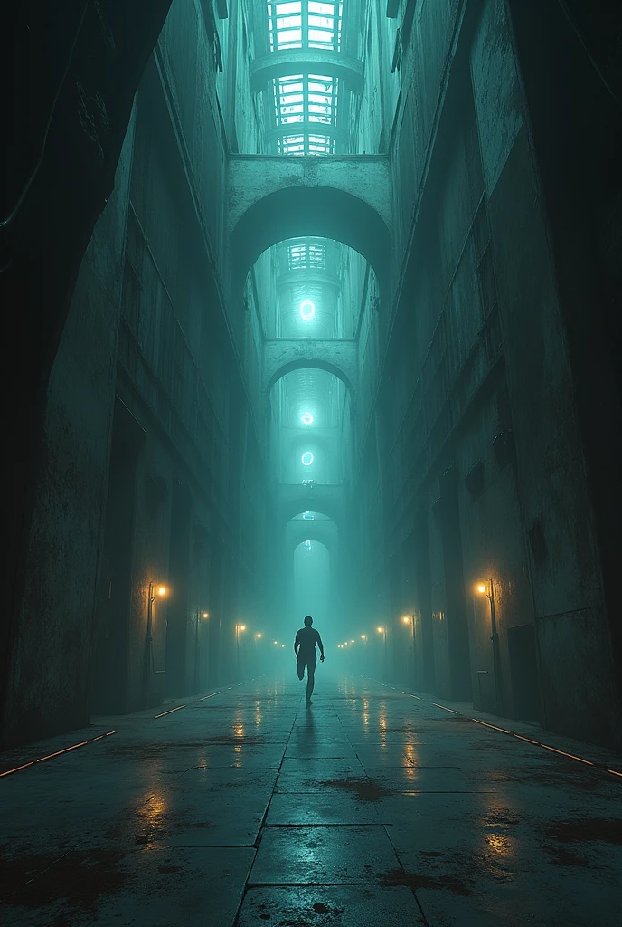 Cosmic horror, space nebula, dark corners, monsters in corners, glow of mystic light,) running scared long corridors, the ship is abandoned, phot real, master piece