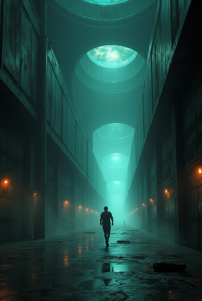 Cosmic horror, space nebula, dark corners, monsters in corners, glow of mystic light,) running scared long corridors, the ship is abandoned, phot real, master piece