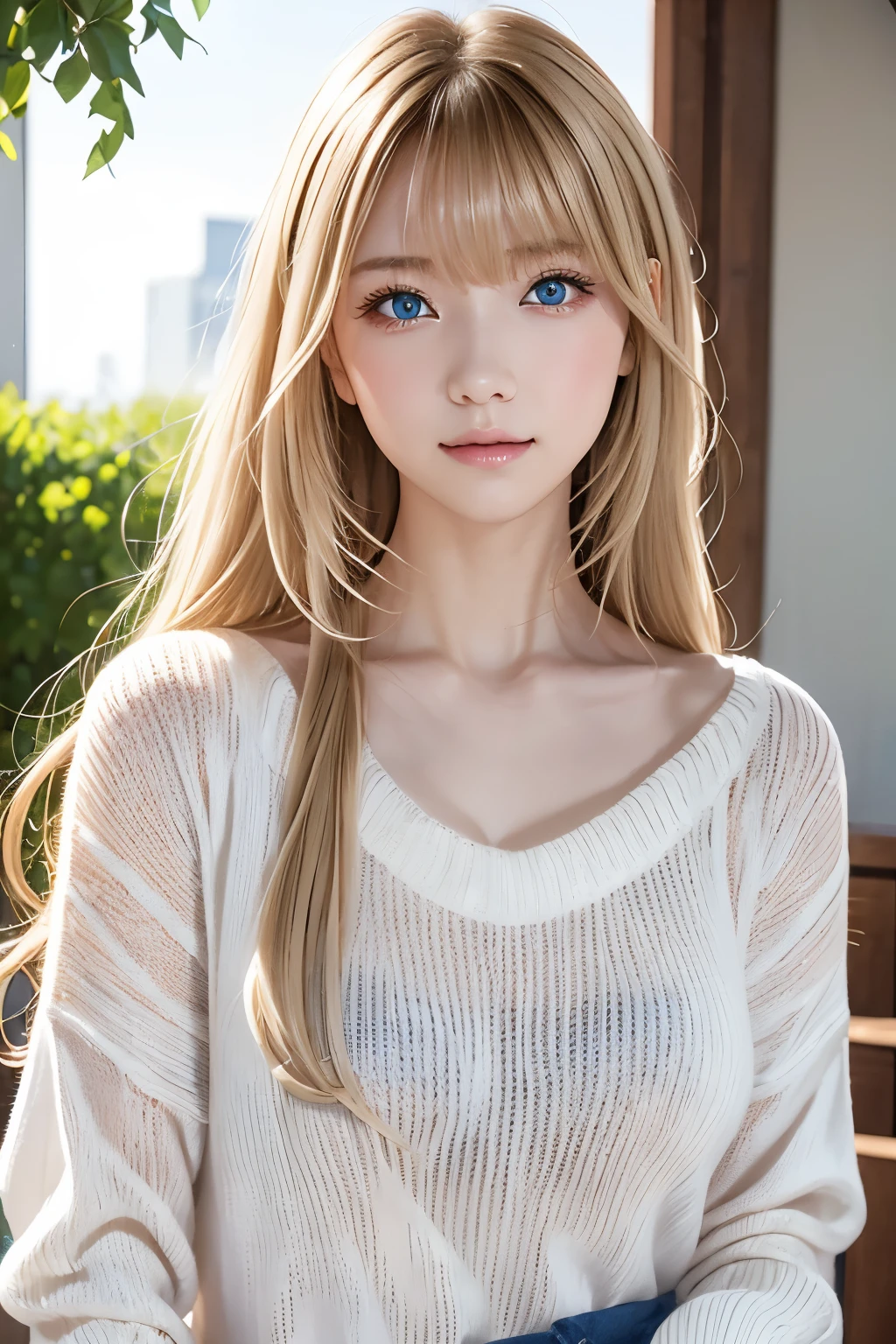 1 person、((Virgin Killer Sweater))、blue sky、明るくてとてもbeautiful顔、young, Glowing White Skin、Best Looks、Blonde hair that reflects the light brilliantly、光沢のあるbeautifulブロンドの髪を持つ、Very long silky straight hair、Long Bangs、非常にbeautiful、big, clear, Bright Blue Eyes、beautiful、Adorable、beautiful