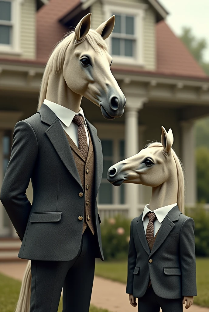 Adult dad horse and baby horse both in suit house in background