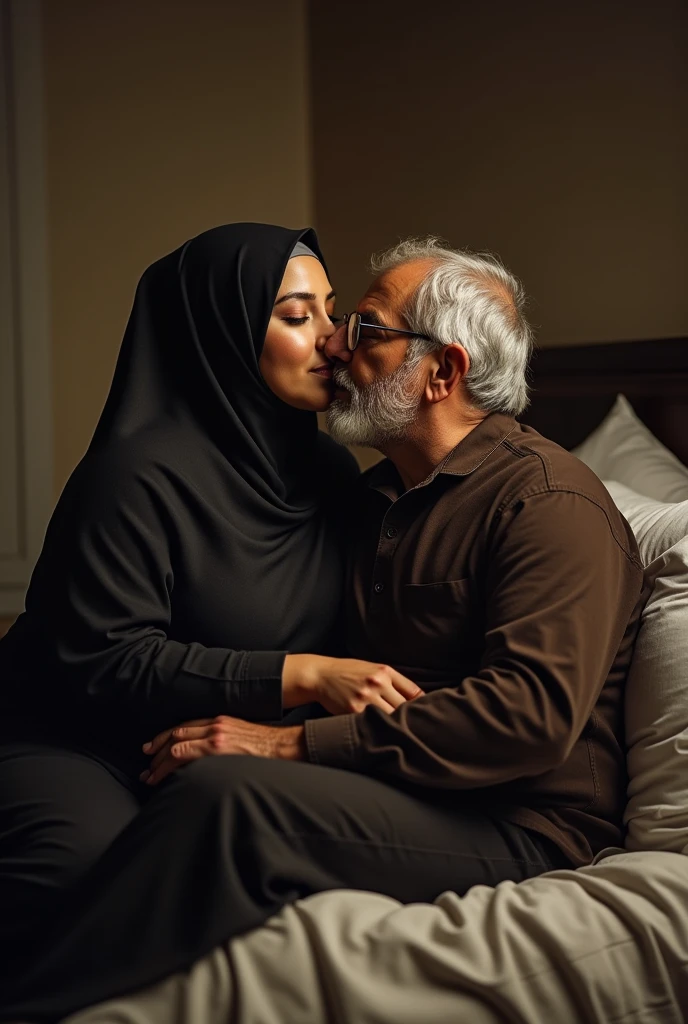 Photo of Voluptuous Indian Girl in Hijab, Large Size Breasts, Sitting on Bed and Kissing a Old Man, Dim light in the room.