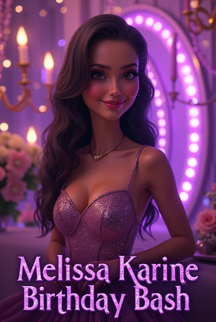 Text "Melissa Karime birthday bash" using a glossy purple opulent font and a splash of sparkly girlie background