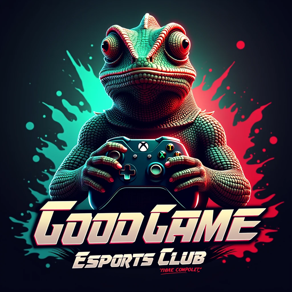 An advert for the GOOD GAME ESPORTS CLUB featuring a chameleon holding an xbox controller. the colours should be black red and green the background should be vibrant and dynamic and text should include "GOOD GAME ESPORTS CLUB" "Ages 10+" "£70" "Limited availablity" "Learn the fundamentals of competitive gaming in just 7-weeks"