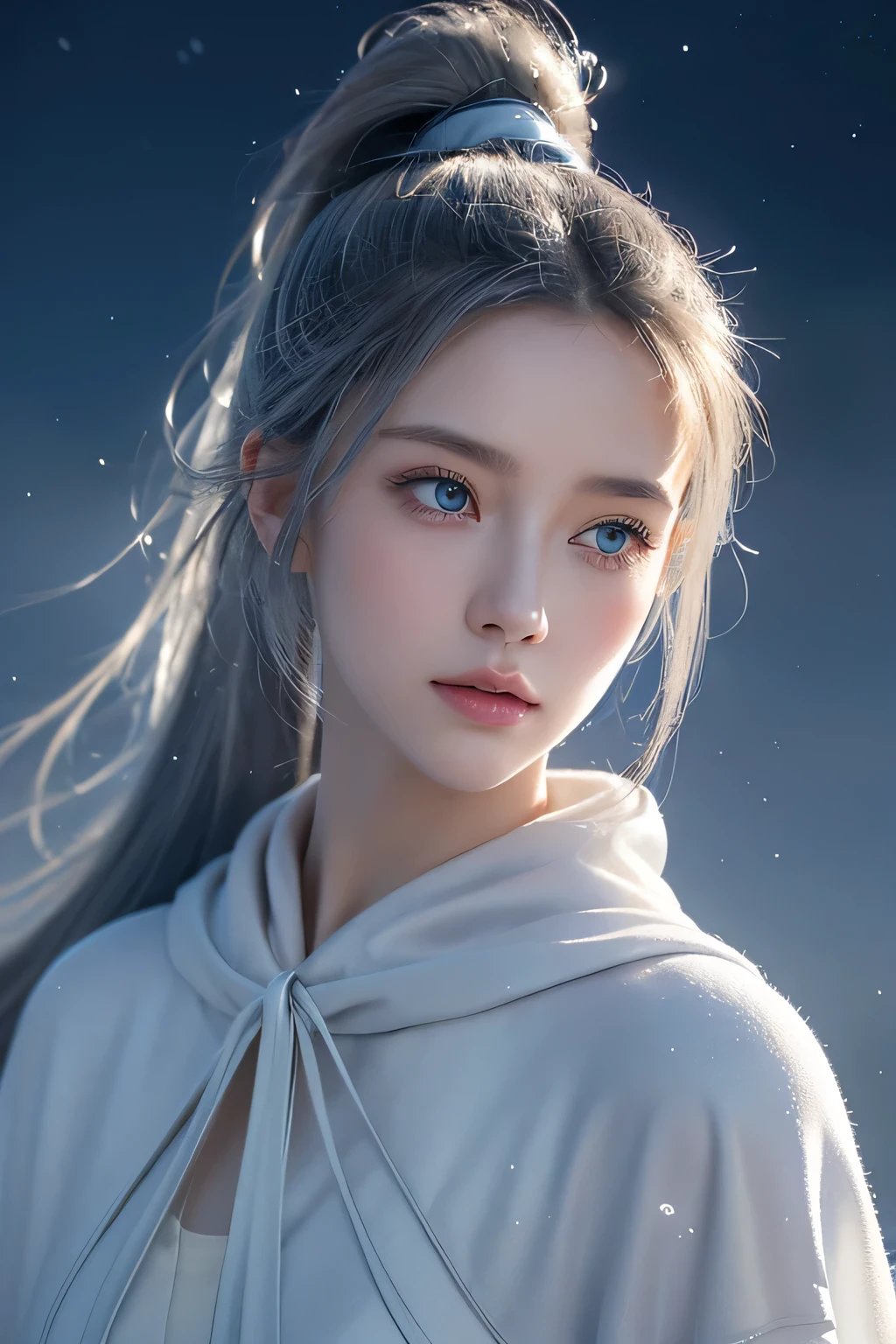 masterpiece, (highest quality: 1.2), (super fine: 1.2), figure, (very delicate and beautiful: 1.2), film angle, floating, (beautiful detail eyes: 1.1), (detail light: 1.1), film light, delicate sky, woman, gray hair, blue eyes, (high ponytail: 1.1), cloak, shining eyeoon: 1.2), (moonlight: 1.1), starry sky, (particles of light: 1.1), fog , snow painting, sketch, bloom