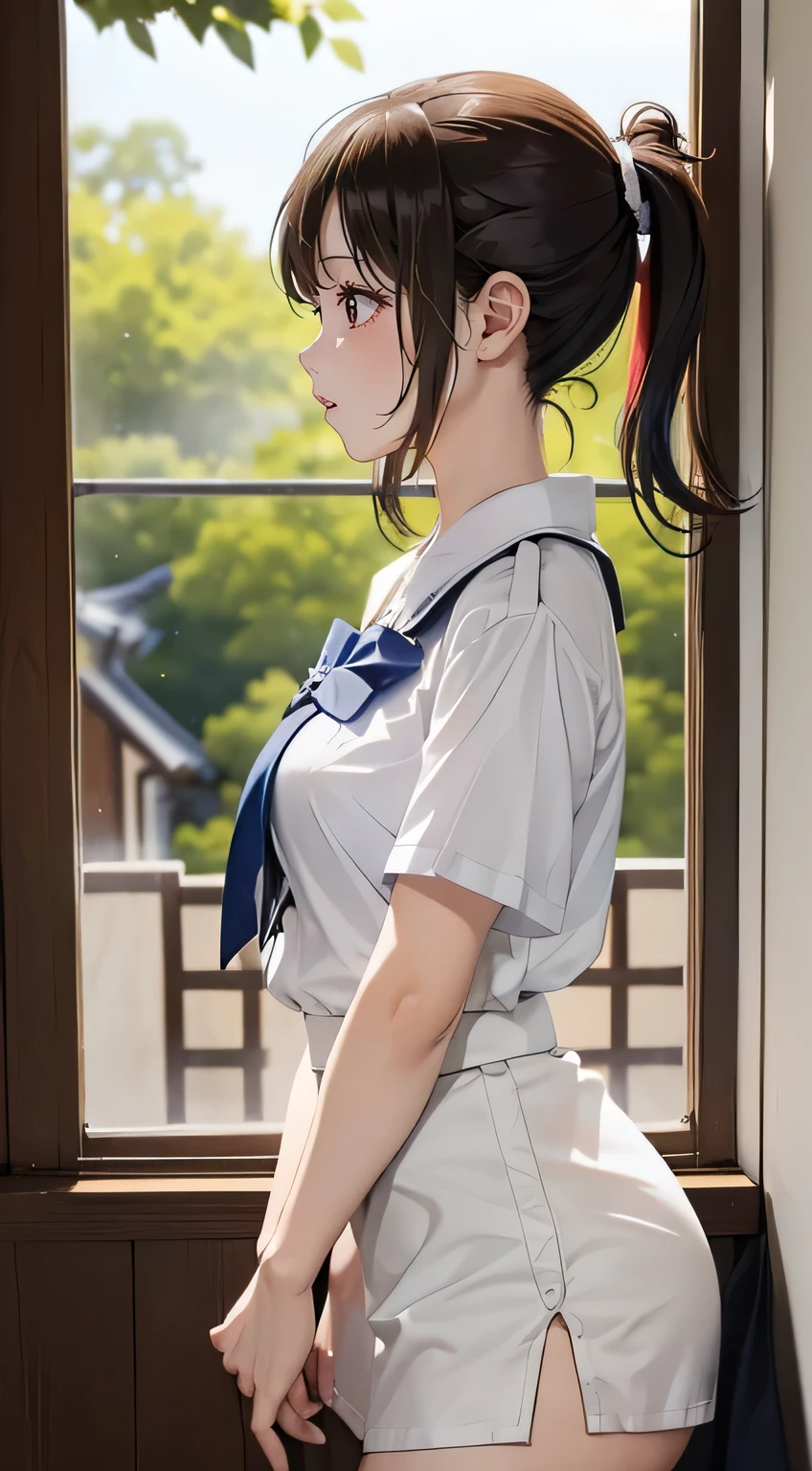 woman、one person、(Window)、((Looking out the window and crying)), Young woman with long black hair, (Ample breasts). ((Short sleeve))She is wearing a white blouse and a tight skirt.、((profile)).