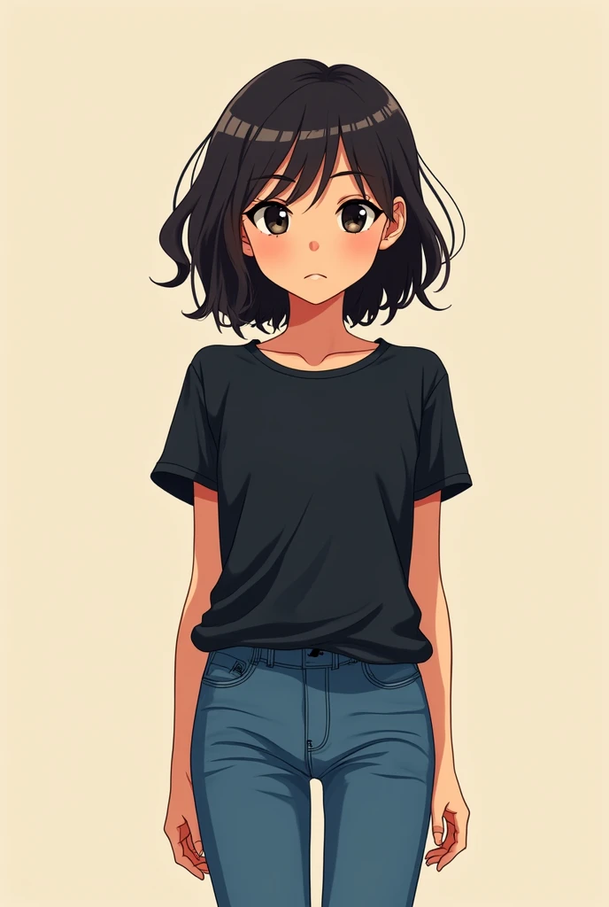 Create a image of a teenager shy girl around about 5 ft tall black tshirt and blue jeans 2D anime style