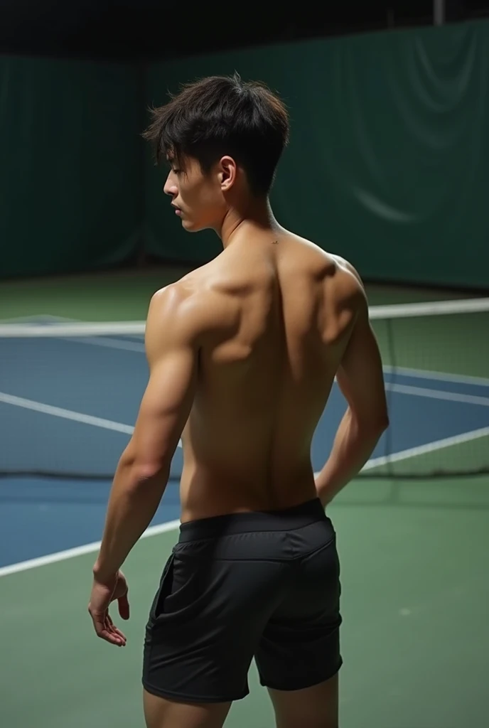 Photo Quality、A lot of cute handsome men、Mash Hair、Japanese male, 、Completely naked、Full nudity、erection、Huge penis、Highest quality、Realistic、beautiful、完全Completely naked、Back view、Full nudity、Tennis court、night