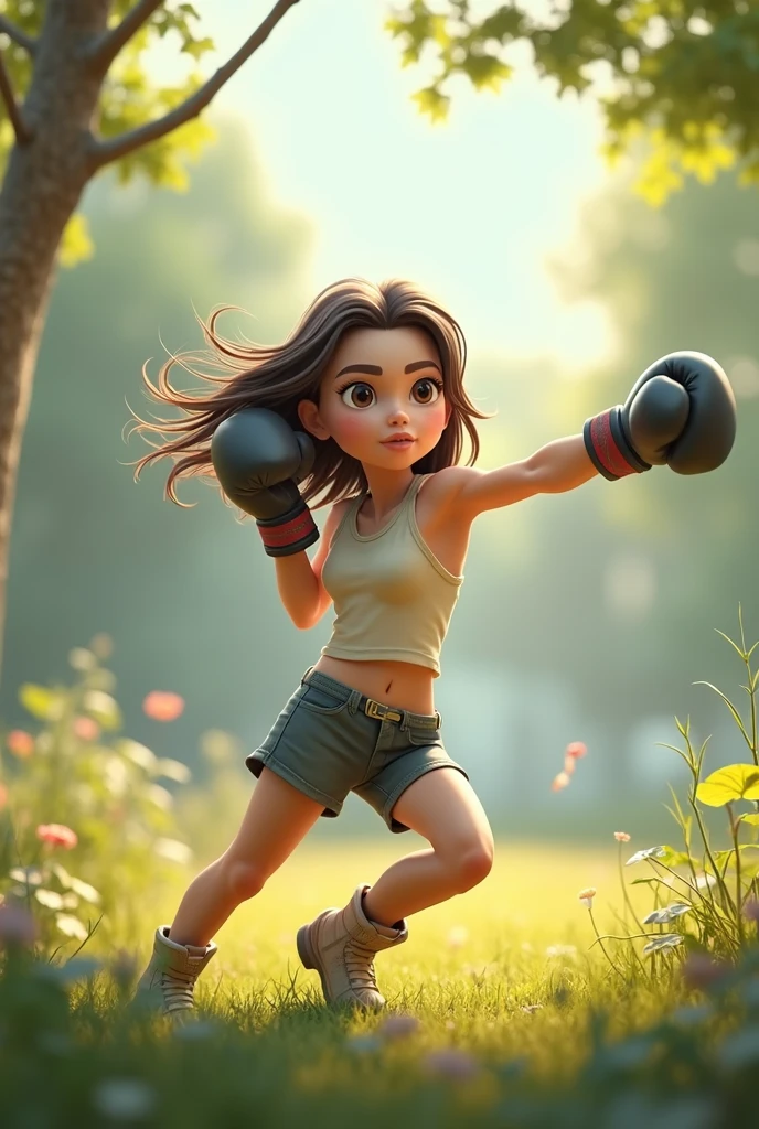 young girl, maiden, brunette with shoulder-length black hair, dark brown eyes, in a fighting position with black boxing gloves, determined, confident, pixar version animation character, stylized character, animation style rendering, 3d stylized, Arnold Maya rendering, stylized 3d rendering, toon render screenshot, 3d character , 3d character, stylized 3d rendering, 3d character rendering, cartoon character, close-up character, character pose, (Pixar style) (master part: 1.2) (bokeh) (best quality) (detailed skin) (detailed texture) (8k) (Argilla) (cinematic lighting) (sharp focus