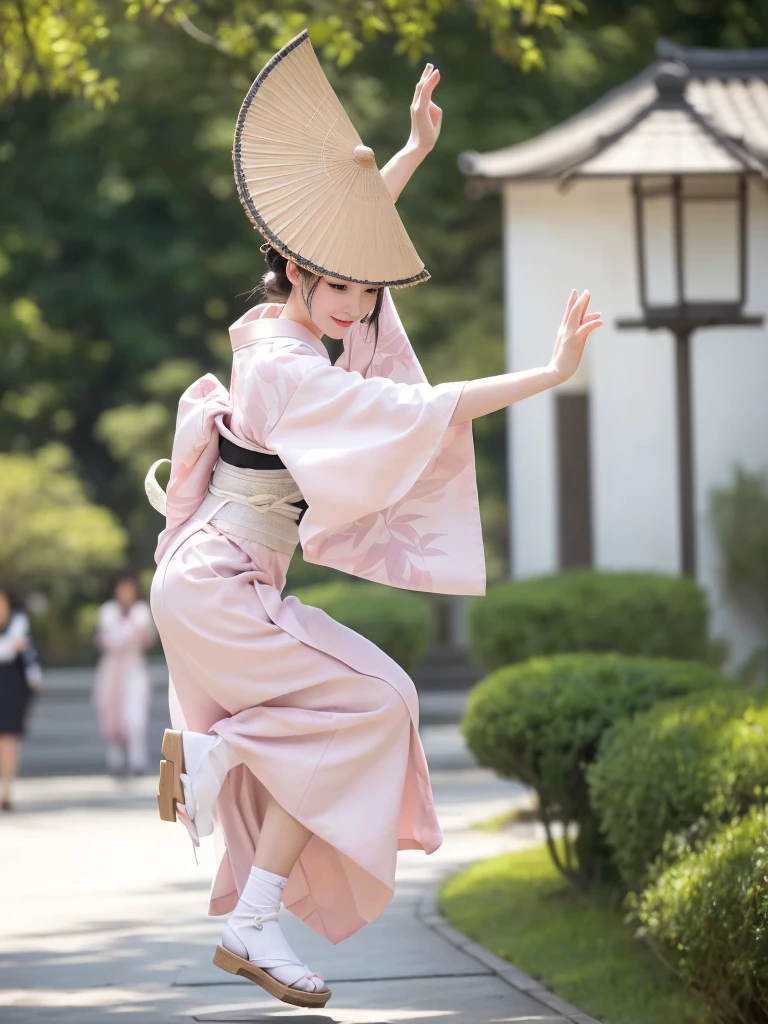 Photo-realistic quality、A woman wearing a pale pink kimono and a hat is in the park,White sleeves、 traditional Japanese kimono, A professional masterpiece, Beautiful images, Japanese Model, Traditional Japanese Kimono Japanese Bon Odori,A soft and gentle look、Woman dancing Awa Odori、White Arms、Wearing black clogs