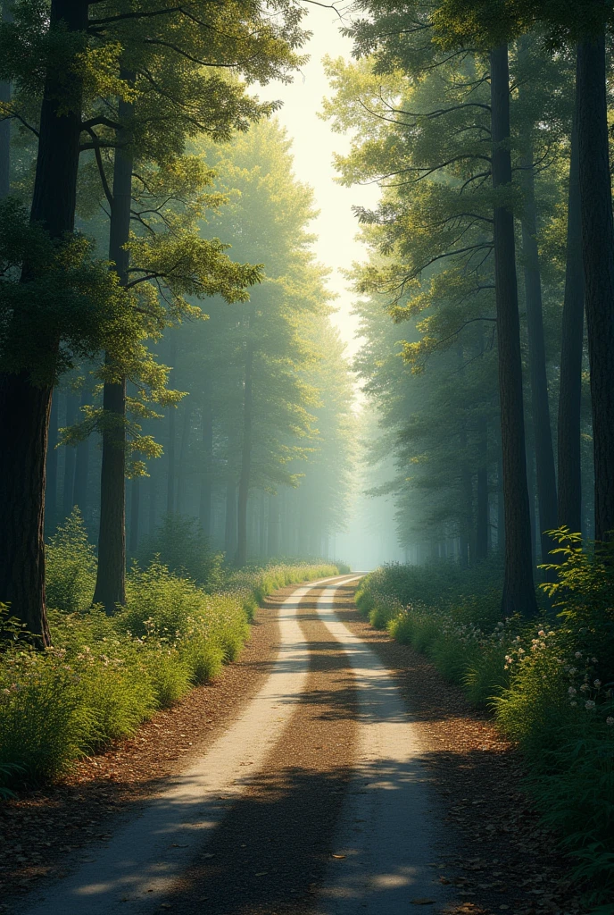 An empty road at time of 6 O clock in a forest