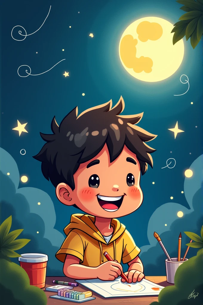 Happy ??? drawing a circle, full moon is there, and some circles. 2D cartoon image