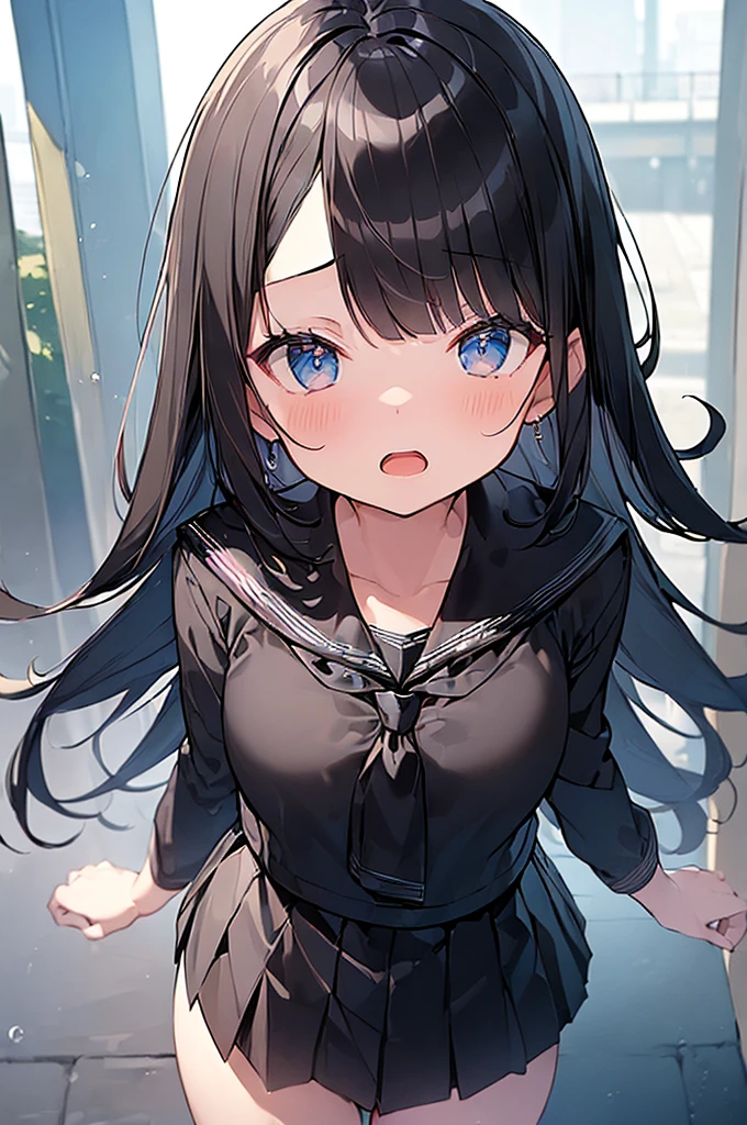 (Masterpiece, Top quality:1.5), nsfw, (dynamic angle:1.2), (1 beautiful girl, solo:1.2), (big eyes:1.3), (black sailor suit, black pleated skirt:1.2), (black hair:1.3), long Hair, straight Hair, asymmetry bangs, swept bangs, shy:1.3, blush:1.4, beautiful scene of street, dynamic pose, open mouth