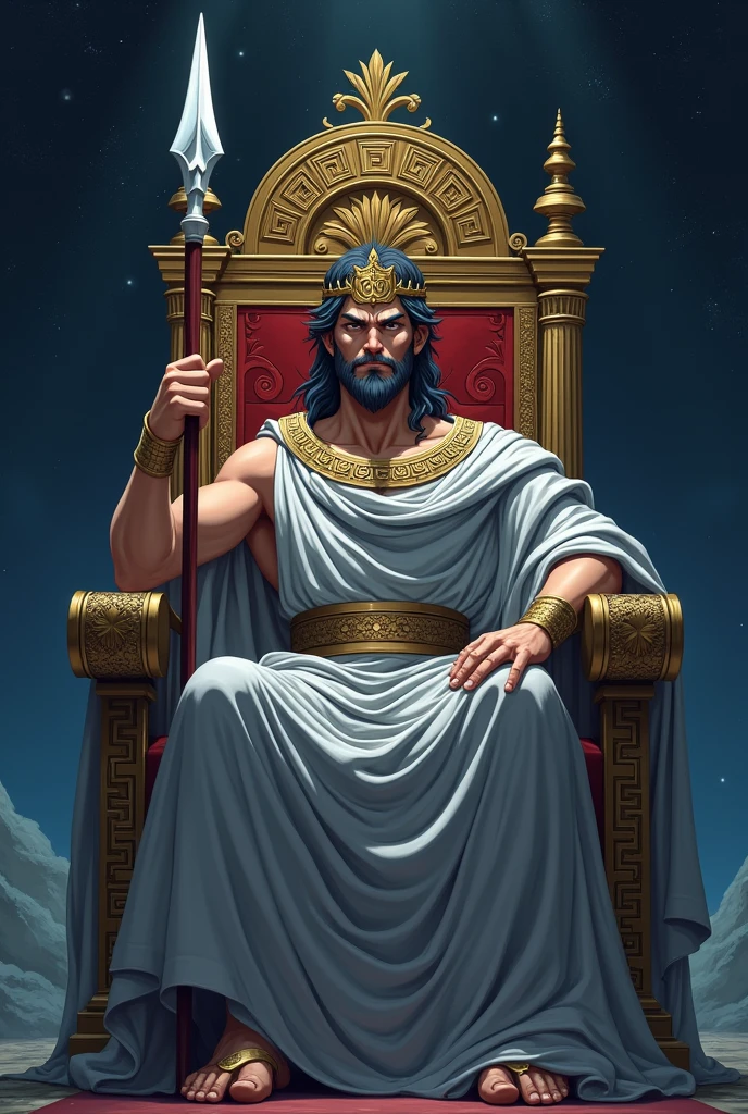 Greek king, ((anime styling)), wearing gray robes and a crown of Apollo, holding a spear, sitting in a throne, the night. 
