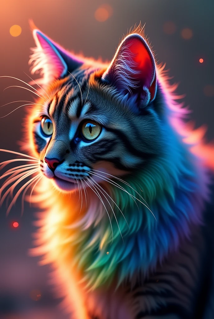 A close-up of a cat with a unique fur coat that changes colors like a rainbow, showing off its vibrant and magical appearance. The background is soft and dreamy, with subtle light effects that emphasize the cat's radiant colors.