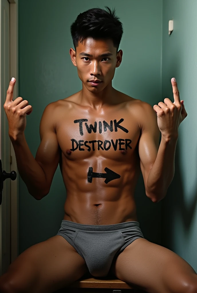 malay guy, bare torso, muscular slender body, grey brief, sitting inside college dorm, both hands show middle finger, sweaty, manspreading, handwritten text "twink destroyer" on torso with arrow pointing to massive boner