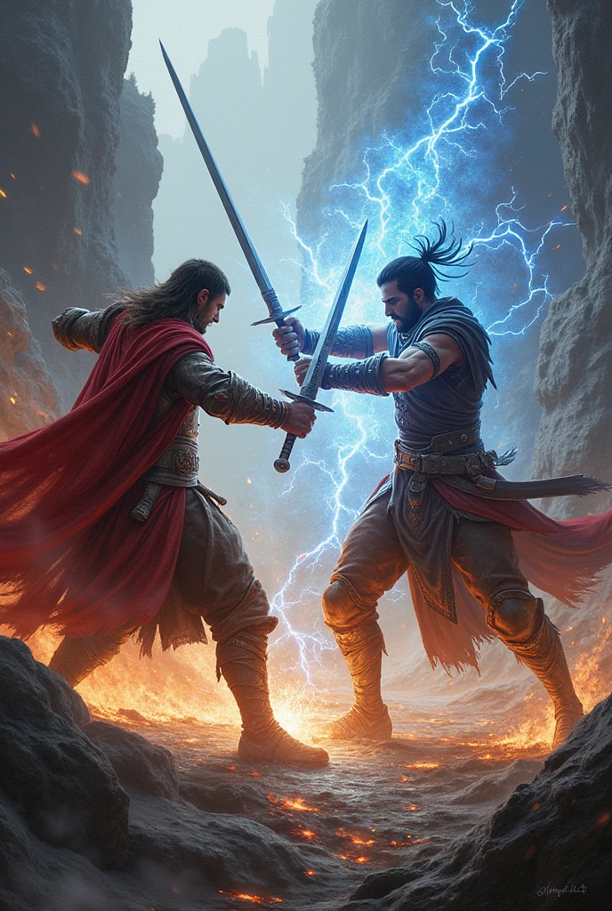 creates two characters fighting with swords and powers