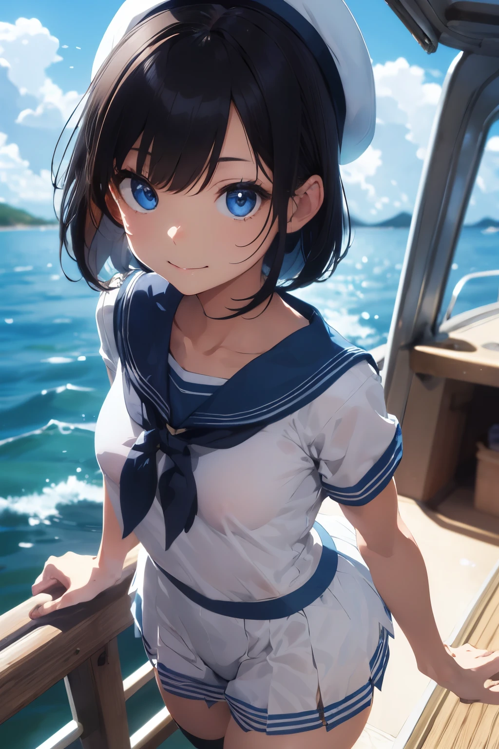 ((Top Quality)), ((Excellent)), (Detailed), ((Japanese)), Ultra-Realistic, Stunning Environment, Vivid Colors, , Black Hair, (Young Face), ((Bob Hair)), Shiny Hair, Small Breasts, ((White Sailor Suit)), ((Sailor's hat)),Sailor trousers, (Sailor), ((From Above)), ((Blue Eyes)), Half-Smiling, Upper Body, Shiny Hair, Blunt Bangs, ((Small Breasts)), ((Leaning Forward)), ((Blue Eyes)), Masterpiece, Ultra-Realistic, ((Close-Up)), On a Boat, Natural Light, Vivid Colors, Ocean,