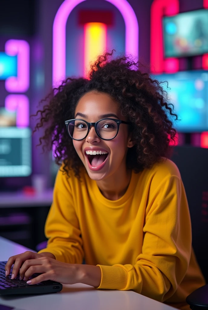 Close-up of a women with a yellow shirt and glasses,
beaming with excitement and exuberance, seated in his
YouTube studio, surrounded by high-tech equipment,
illuminated with neon lights, thumbnail design graphic,
futuristic colorful, Disney Style, ultra-realistic, cyberpunk