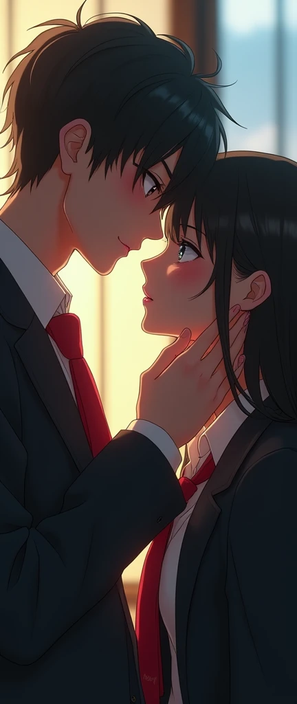(32K:1.9, Realistic:1.9, Highest quality, masterpiece, Ultra-high resolution), Perfect dynamic composition, Highly detailed skin and facial textures:1.3, Detailed eyes, Detailed limbs, (Cute sexy slim Japanese schoolgirl, Tall、A slim Japanese high school boy), Fair skin, ((Clarity:1.1)), (Both boys and girls are wearing blazers with red ties..:1.3), (A high school boy is grabbing a high school girl's chin:1.0), (Cunning Smile:0.9, Totally captivates you:0.9), (beautiful Blue Eyes, beautiful, Clear Eyes:0.8), Sexy Face:0.4, blush:1.1, (beautifulエロティシズムを醸し出す雰囲気:0.8), Professional random camera work, Cinematic Lighting Effects, ((Full Body Shot)), ((Too erotic:0.9)) , romantic, mysterious, Object of admiration, original, dramatic, artistic, Innovative, charm, Heartful, Fancy, Tilt, sense of loss, special, exciting, Extreme, sense of openness, joy, joyの表現, ((若さのcharm, 女性的なcharm))