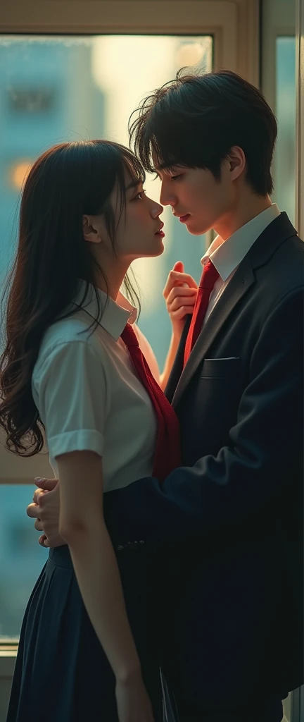 (32K:1.9, Realistic:1.9, Highest quality, masterpiece, Ultra-high resolution), Perfect dynamic composition, Highly detailed skin and facial textures:1.3, Detailed eyes, Detailed limbs, (Cute sexy slim Japanese schoolgirl, Tall、A slim Japanese high school boy), Fair skin, ((Clarity:1.1)), (Both boys and girls are wearing blazers with red ties..:1.3), (A high school boy is grabbing a high school girl's chin:1.0), (Cunning Smile:0.9, Totally captivates you:0.9), (beautiful Blue Eyes, beautiful, Clear Eyes:0.8), Sexy Face:0.4, blush:1.1, (beautifulエロティシズムを醸し出す雰囲気:0.8), Professional random camera work, Cinematic Lighting Effects, ((Full Body Shot)), ((Too erotic:0.9)) , romantic, mysterious, Object of admiration, original, dramatic, artistic, Innovative, charm, Heartful, Fancy, Tilt, sense of loss, special, exciting, Extreme, sense of openness, joy, joyの表現, ((若さのcharm, 女性的なcharm))