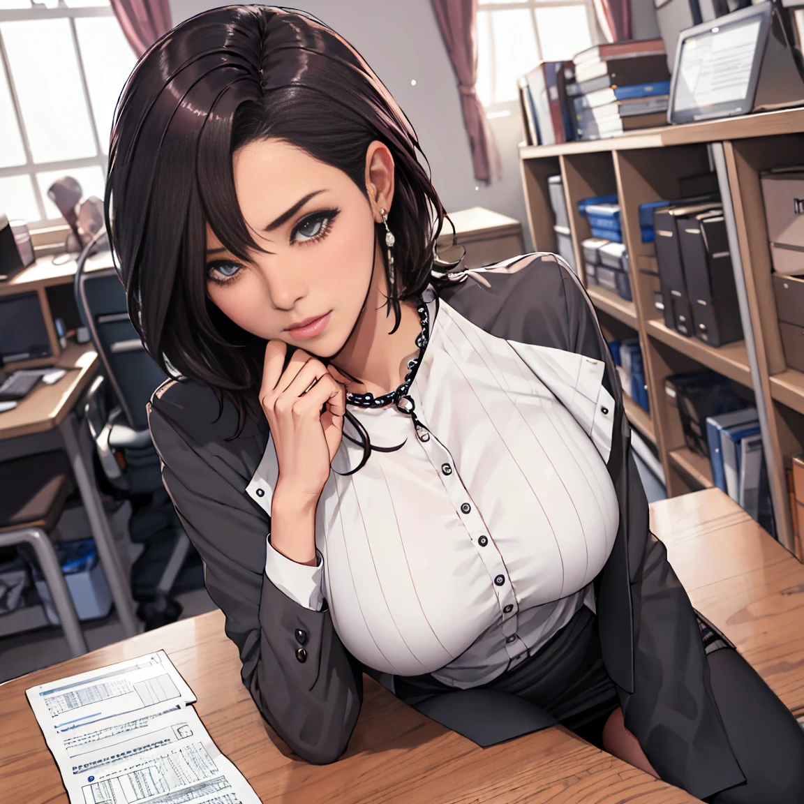 masterpiece, best quality, kinue, earrings, no shirt, no  pants, cowboy shot, sitting, desk, chair, office, looking at viewer, cum all over her face,