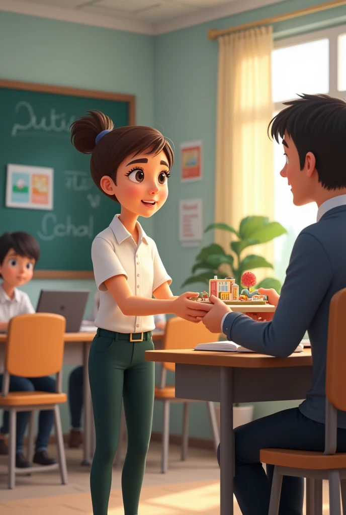 Student passing his/her school project to the teacher
