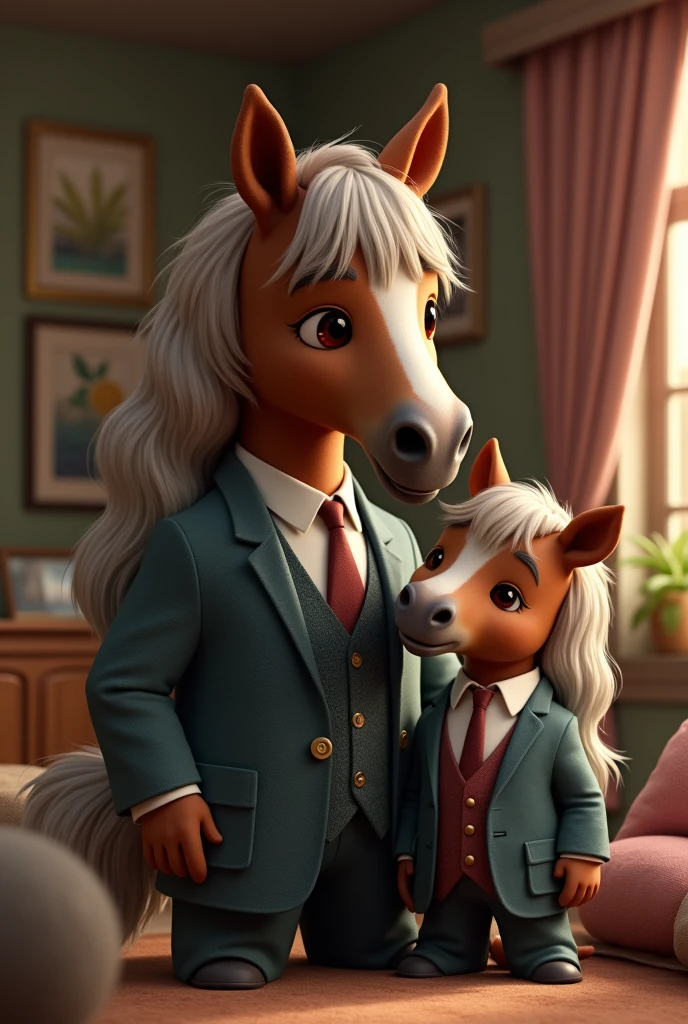 Adult dad horse and baby horse together both in suit house in background