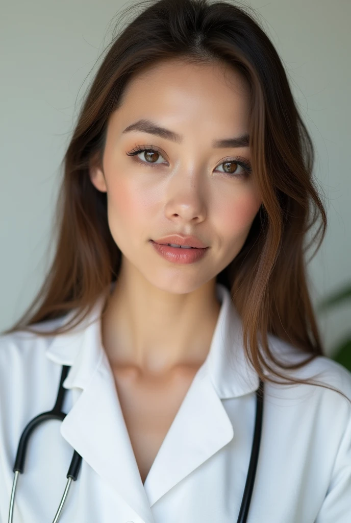 A pretty lady wearing a white psychology uniform for ID picture. Realistic. Light. Pink lips. Hazel brown eyes. Brown hair. Light skin. Perfect teeth. Long nose. Perfect face.