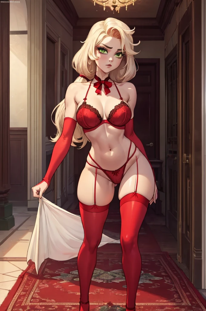 Charlie Morningstar, cute young girl with slender body and Gray-green eyes, thick ass and legs, flat breast, flat tits, sexy cosplay Charlie Morningstar, black butterfly on the neck, red bra with a white insert, long red silk gloves, long red silk stockings, red panties with a white insert