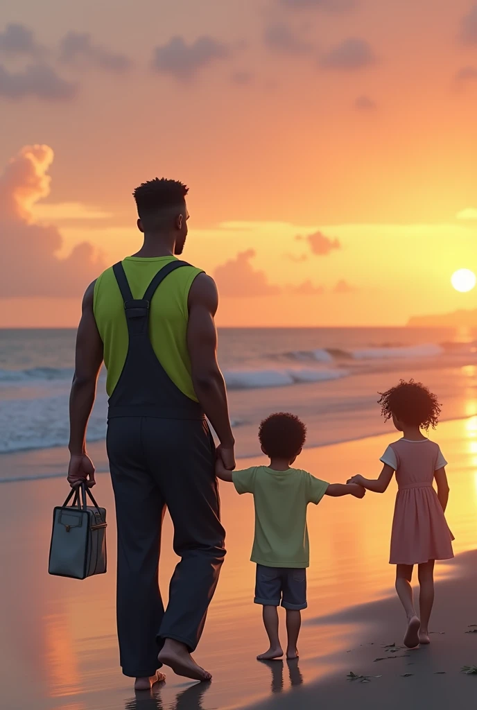 A 40-year-old dark-skinned man with an athletic build walking in the distance along the shore of a lonely beach at dusk. He is dressed in a black jumpsuit and a neon green sleeveless shirt and is carrying a small bag in his hands. . In the distance, in front of him, his older children are waiting for him with outstretched arms and happy faces. . One daughter is a 2 brunette with curly hair and is 1 meter tall..70 and a light brown teenager with a thin build, short hair and 1 meter tall.75 cm . 
