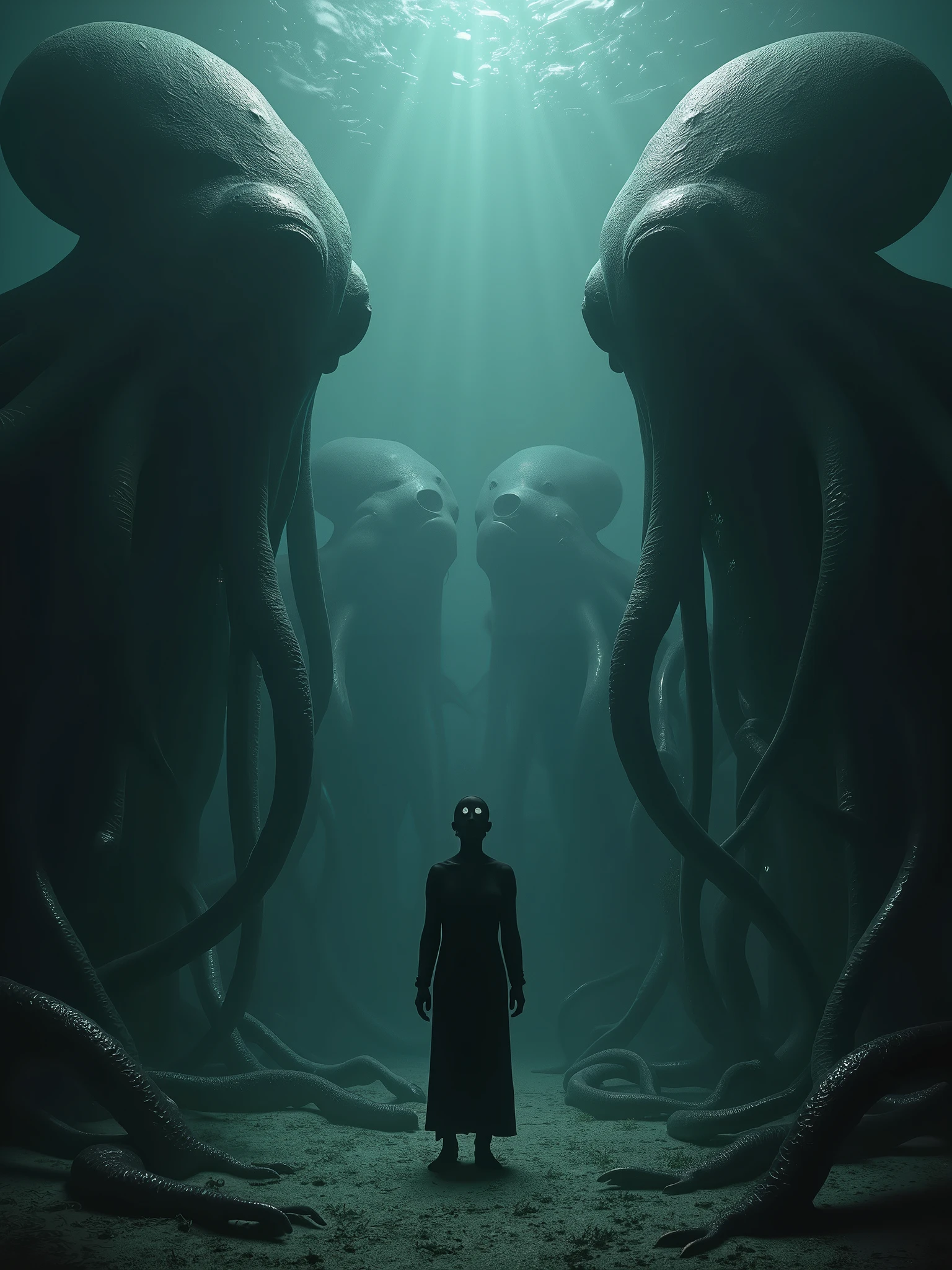 A dark, underwater scene with a human standing surrounded by several large, octopus-like creatures. The creatures have bulbous heads with multiple eyes, textured skin, and numerous tentacles extending in various directions. The man appears calm, wearing dark clothing, and standing in the middle of these creatures. The underwater environment is dimly lit, adding a mysterious and eerie atmosphere, with shadows and light rays filtering through the water. Image has Midjourney's lights output characteristic. Grainy and subtle noise.