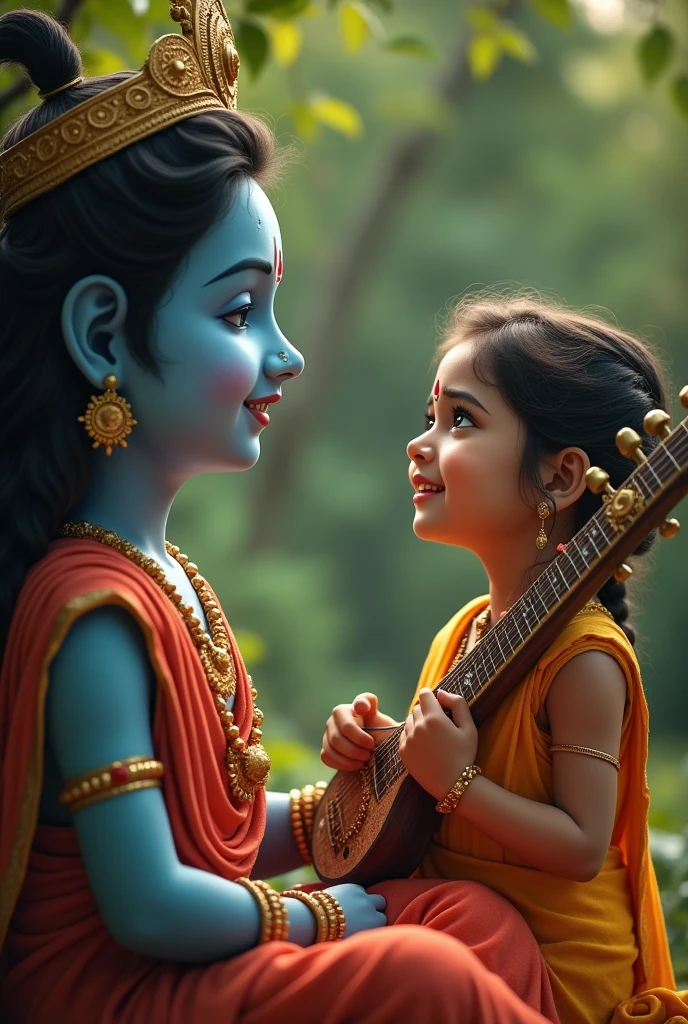 Girl singing bhajan in front of lord krishna on the joola  by playing veenainstrument very closely with devotion.. Meanwhile krishna in tears. Blessin her