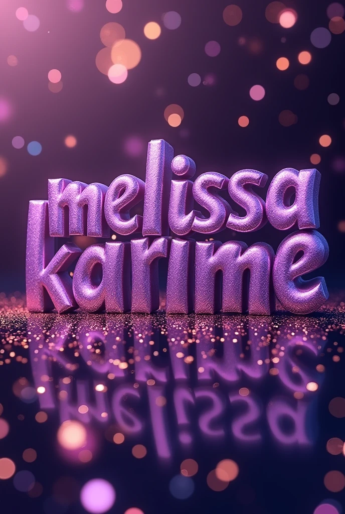 Text "Melissa Karime" using a glossy purple opulent font and a splash of sparkly girlie background

