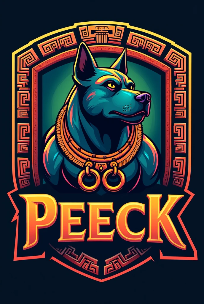 mayan style dog logo, for a sports team named Peeck that has striking colors but the dog looks imposing and that everything is surrounded by a border in the shape of a Mayan shield that has the name Peek with striking words that the border has more Aztec details that has the dog glyph that has more details of Mayan structures in the background and on the shield that has more vibrant colors that the dog has a collar with an ornament of two rings crossed between them.
that the dog has Mayan ornaments on its body