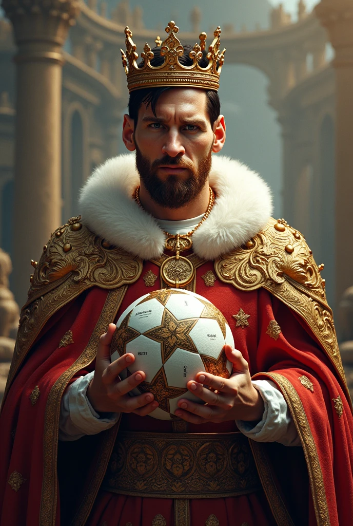 Messi as a king with his hingdom a football in his hand