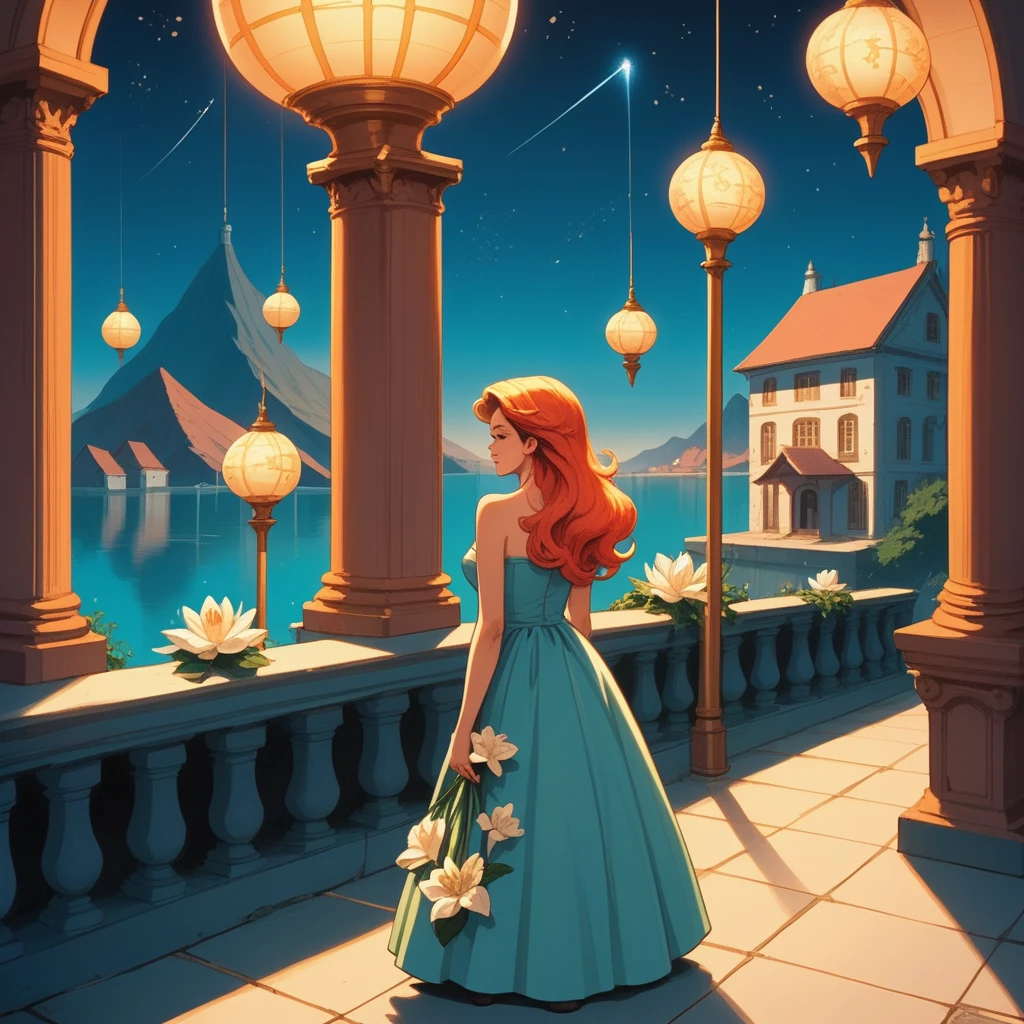 A vibrant, animated-style illustration of a young woman with long, flowing red hair, styled in a retro wave. She has a serene expression as she holds a glowing, heart-shaped object in her hands. The heart is semi-transparent with floral decorations around the edges, and a large letter ‘W’ is prominently displayed in the center. The woman wears a green strapless dress and has a white lily flower tucked behind her ear. She is outdoors, standing by a stone ledge overlooking a calm, moonlit ocean. The night sky is clear with subtle stars, adding a peaceful ambiance to the scene. The background features a distant shoreline with soft, dim lights from buildings, blending harmoniously with the tranquil setting.