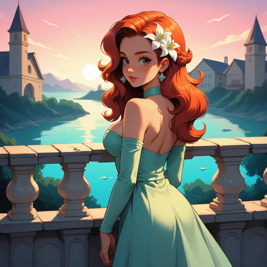 A vibrant, animated-style illustration of a young woman with long, flowing red hair, styled in a retro wave. She has a serene expression as she holds a glowing, heart-shaped object in her hands. The heart is semi-transparent with floral decorations around the edges, and a large letter ‘W’ is prominently displayed in the center. The woman wears a green strapless dress and has a white lily flower tucked behind her ear. She is outdoors, standing by a stone ledge overlooking a calm, moonlit ocean. The night sky is clear with subtle stars, adding a peaceful ambiance to the scene. The background features a distant shoreline with soft, dim lights from buildings, blending harmoniously with the tranquil setting.