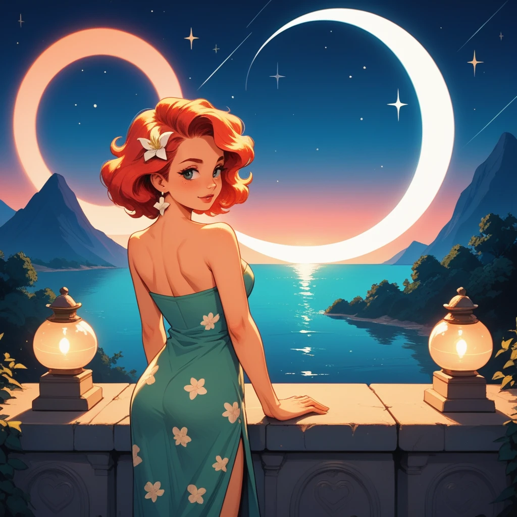 A vibrant, animated-style illustration of a young woman with long, flowing red hair, styled in a retro wave. She has a serene expression as she holds a glowing, heart-shaped object in her hands. The heart is semi-transparent with floral decorations around the edges, and a large letter ‘W’ is prominently displayed in the center. The woman wears a green strapless dress and has a white lily flower tucked behind her ear. She is outdoors, standing by a stone ledge overlooking a calm, moonlit ocean. The night sky is clear with subtle stars, adding a peaceful ambiance to the scene. The background features a distant shoreline with soft, dim lights from buildings, blending harmoniously with the tranquil setting.